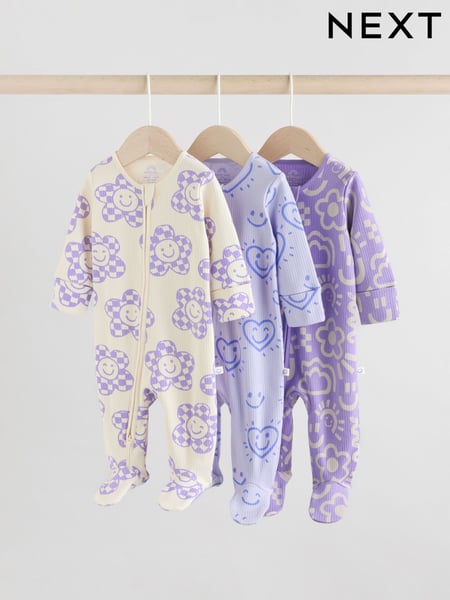 Lilac Purple Baby Two Way Zip Floral Print 100% Cotton Sleepsuits 3 Pack (0mths-3yrs) (AA5454) | € 28 - € 31