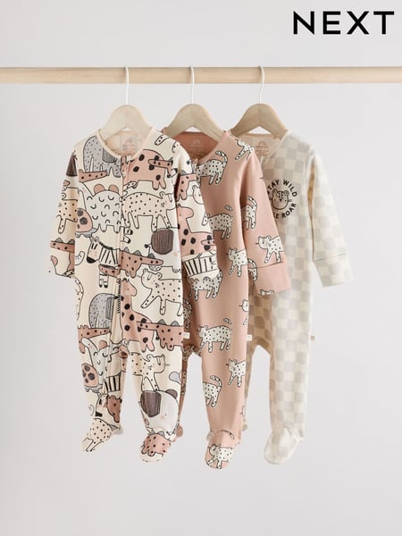 Brown/Cream Two Way Zip Baby Sleepsuits 3 Pack (0mths-2yrs) (AA5958) | € 27 - € 30