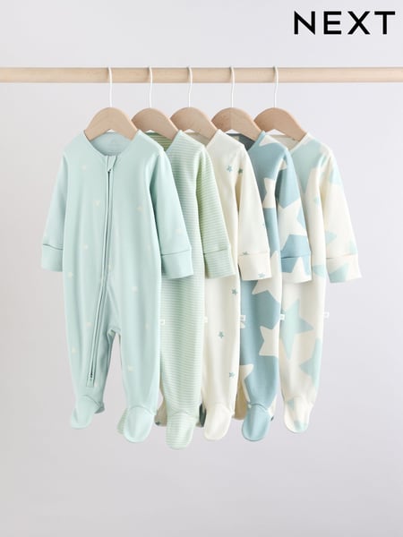 Sage Green 100% Cotton Two Way Zip Baby Sleepsuits 5 Pack (0mths-2yrs) (AA5965) | € 44 - € 47