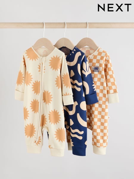 Navy/Camel Baby Two Way Zip Footless 100% Cotton Sleepsuits 3 Pack (0mths-3yrs) (AA5967) | € 28 - € 31