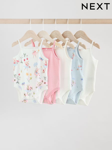 Cream Strawberry Bunny Baby Strappy 100% Cotton Vest Bodysuits 5 Pack (AA6285) | € 23 - € 26