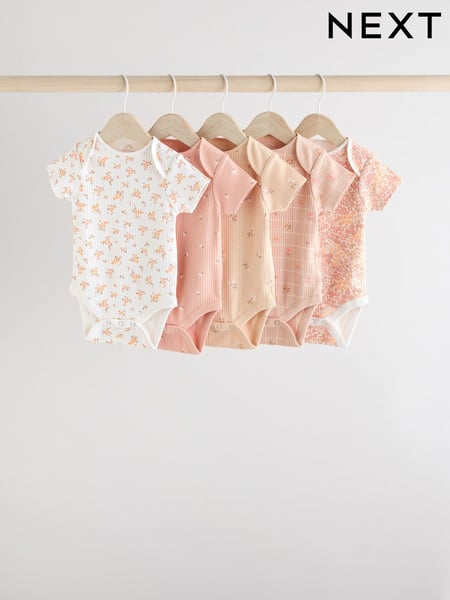 Apricot Ditsy Short Sleeve Baby 100% Cotton Bodysuits 5 Pack (AA6292) | € 24 - € 27