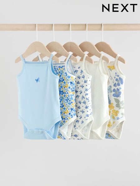 Blue Ditsy Baby Strappy Vest 100% Cotton Bodysuit 5 Pack (AA6293) | € 20 - € 23