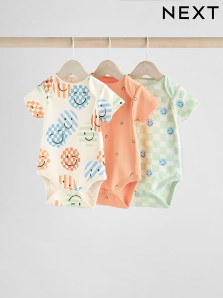 Blue/White/Orange Happy Face Short Sleeve Baby Bodysuits 3 Pack (AA6365) | € 16 - € 18