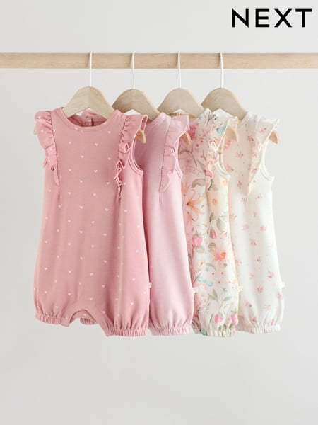 Ecru/Pink Printed Baby Rompers 4 Pack (AA6654) | € 31 - € 37