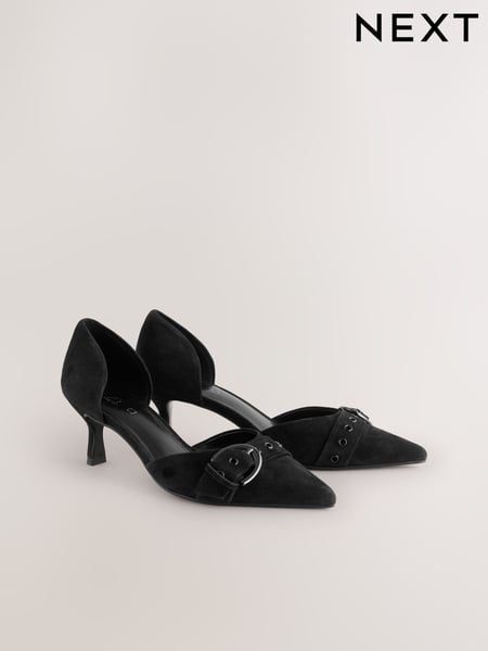 Black Forever Comfort® Leather Point Toe Eyelet Buckle Kitten Heel Shoes (AA6921) | € 70