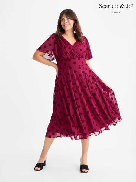 Scarlett & Jo Wine Victoria Flock Spot Angel Sleeve Mesh Midi long Dress (AA7422) | € 140