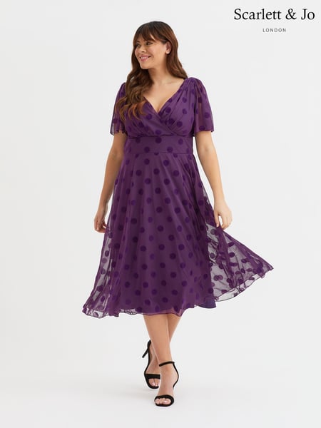 Scarlett & Jo Purple Victoria Flock Spot Angel Sleeve Mesh Midi long Dress (AA7427) | € 140