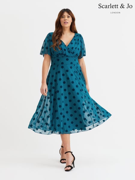 Scarlett & Jo Light Blue Victoria Flock Spot Angel Sleeve Mesh Midi long Dress (AA7428) | € 140