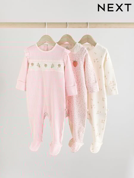 Pink Strawberry Baby Collar 100% Cotton Sleepsuits 3 Pack (AA7622) | € 19 - € 21