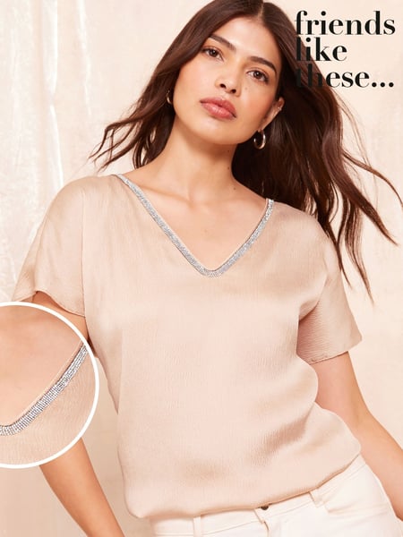 Friends Like These Cream V Neck  Shortss Sleeve Satin Blouse (AA7815) | € 25
