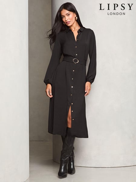 Lipsy Black Petite Button Through Midi Belted Shirt Dress (AA8175) | € 49