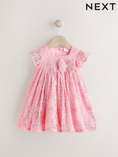 Pink Broderie Mesh Bow Baby Dress (0mths-2yrs) (AA8197) | € 28 - € 31
