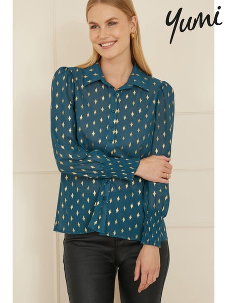 Yumi Dark Blue Diamond Foil Print Top With Ruched Cuff (AA8597) | € 62