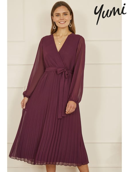 Yumi Purple Pleated Wrap Midi Dress With Sheer Long Sleeves (AA8605) | € 94