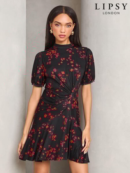 Lipsy Black Floral Puff Sleeve Ruched Jersey Mini Dress (AA8612) | € 46