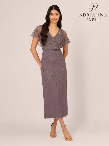 Adrianna Papell Purple Bead Flutter Sleeve Long Dress (AA8621) | € 282