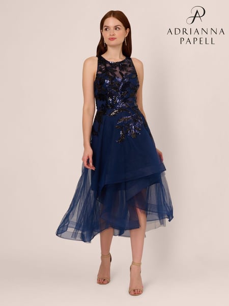 Adrianna Papell Blue Sequin Combo High Low Dress (AA8642) | € 271