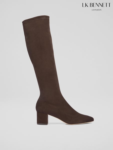 LK Bennett Eldon Espresso Block Heel Stretch Knee Brown Boots (AA8718) | € 825
