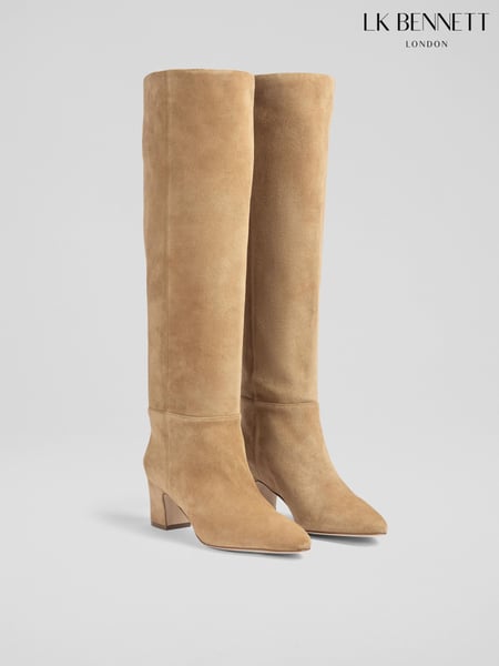 LK Bennett Natural Alessia Caramel Slouch Low Block Knee Boots (AA8720) | € 350