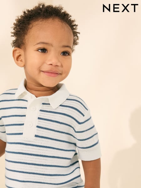 Navy Blue/White Button Neck Knitted 100% Cotton Polo Shirt (3mths-7yrs) (AA9494) | € 16 - € 18