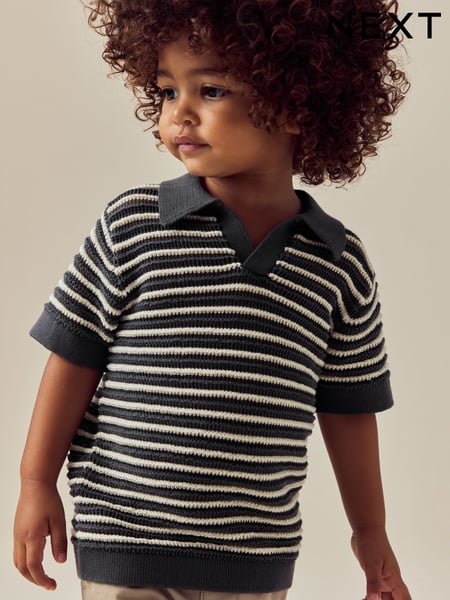 Charcoal Grey Stripe Short Sleeve Trophy Neck 100% Cotton Polo Shirt (3mths-7yrs) (AA9496) | € 16 - € 18