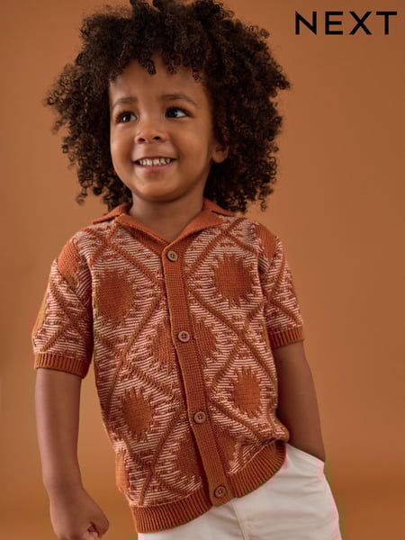 Rust Brown Textured Revere Collar Short Sleeve Knitted 100% Cotton Polo Shirt (3mths-7yrs) (AA9501) | € 18 - € 21