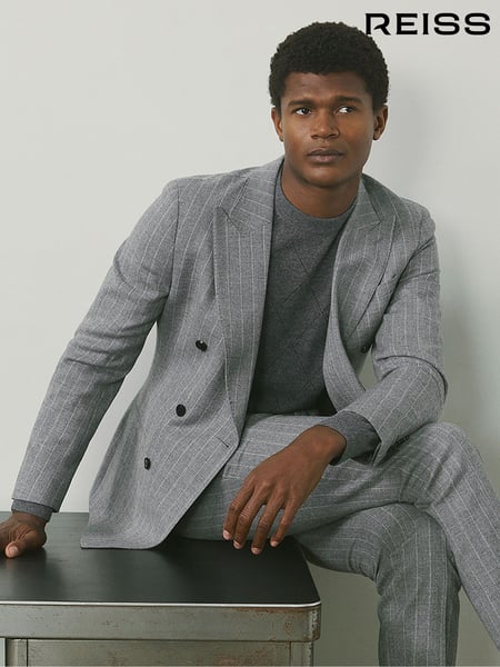 Reiss Soft Grey Lab Double-Breasted Blazer in Wool-Blend Pinstripe (AB1721) | € 512