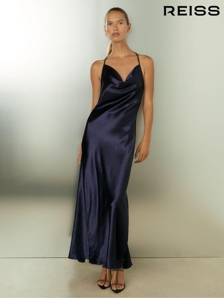 Reiss Indigo Paisley Petite Cowl-Neck Hammered-Satin Slip Dress (AB1782) | € 215