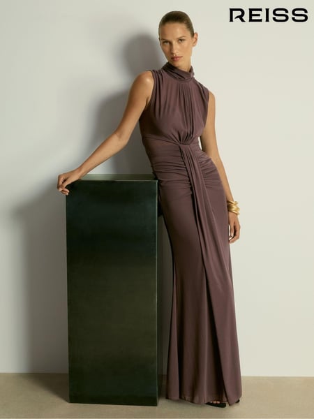 Reiss Taupe Daniella Petite Sheer Ruched Maxi Dress (AB2012) | € 309