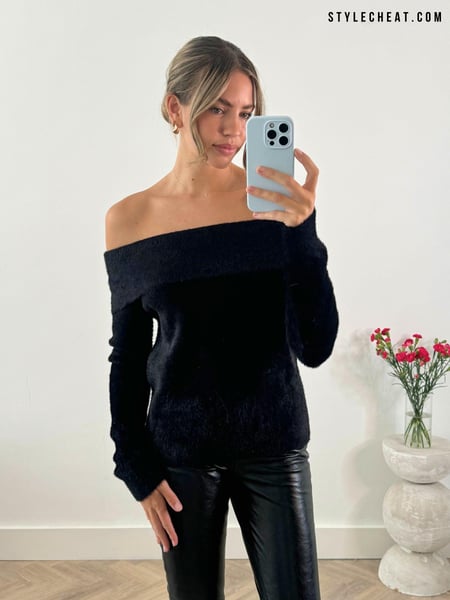 Style Cheat Black Fluffy Off Shoulder Bardot Knitted Jumper (AB2965) | € 28