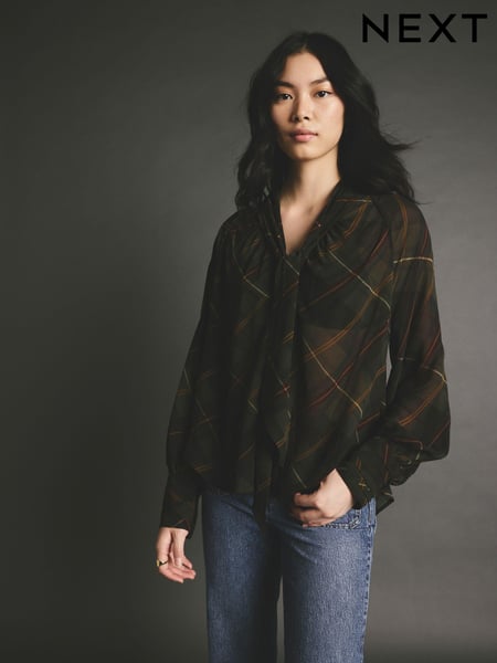 Black Check Tartan Long Sleeve Tie Neck Blouse (AB5549) | € 33