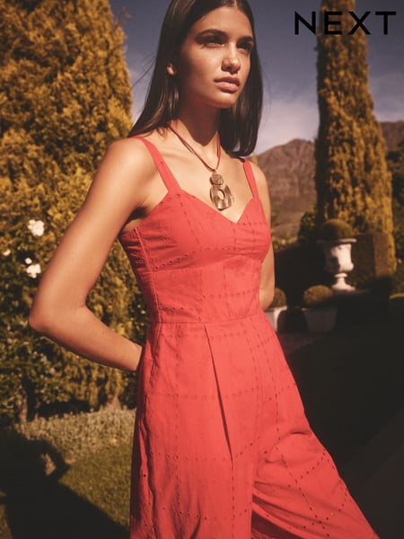 Red Brodery Strappy Wide Leg 100% Cotton Jumpsuit (AB5915) | € 73