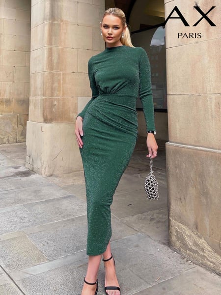 AX Paris Green Sparkly Long Sleeve Ruched Bodycon Midi Dress (AB6740) | € 47