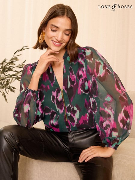 Love & Roses Green Animal Zip Front Mix Sheer Long Sleeve Blouse (AB7256) | € 26