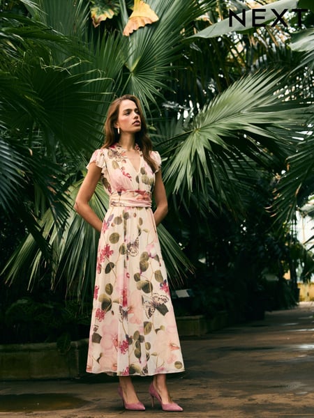 Cream Tropical Pleated Mesh Print V-Neck Occasion Midi Dress (AB8144) | € 119
