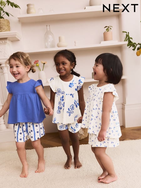 Blue Frill Floral Print 100% Cotton Pyjamas 3 Pack (9mths-8yrs) (AC0799) | € 34 - € 43