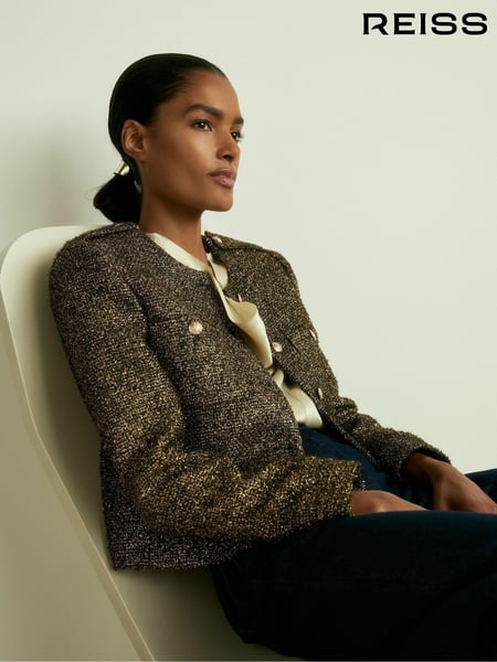 Reiss Gold Wynee Petite Metallic Knit Cropped Jacket (AC0995) | € 390