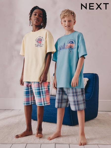 White/Blue Smile/Skate Check Woven Short Pyjamas 2 Pack (4-16yrs) (AC1012) | € 31 - € 41
