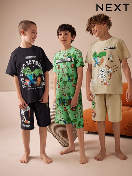 Black/Green/Stone License Minecraft 100% Cotton Short Pyjamas 3 Pack (3-16yrs) (AC1071) | € 47 - € 57