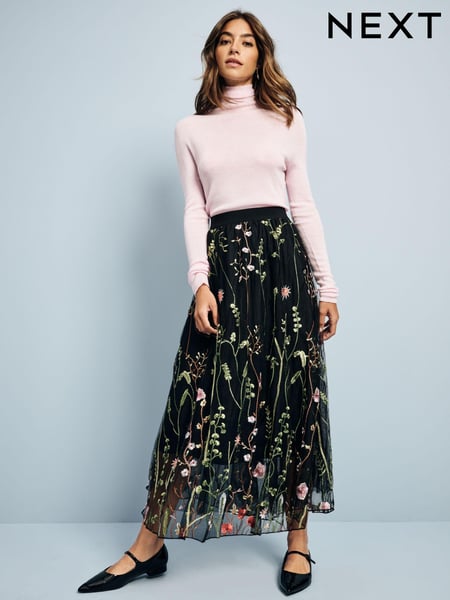 Black Embroidered Mesh Tulle Boho Maxi Skirt (AC2189) | € 90