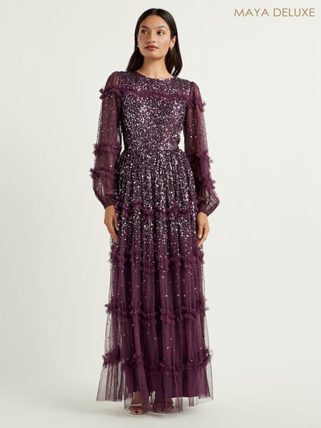 Maya Purple Blouson Sleeve Sequin Maxi Dress With Ruffle Detail (AC2510) | € 136