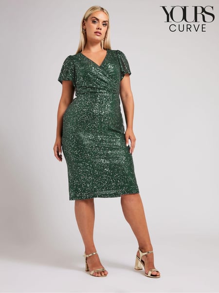 Yours Curve Green London Sequin Wrap Shift Dress (AC4421) | € 50