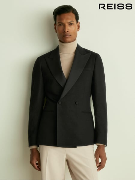 Reiss Black Thom Double-Breasted Tuxedo Jacket in Black Hopsack (AC4737) | € 512