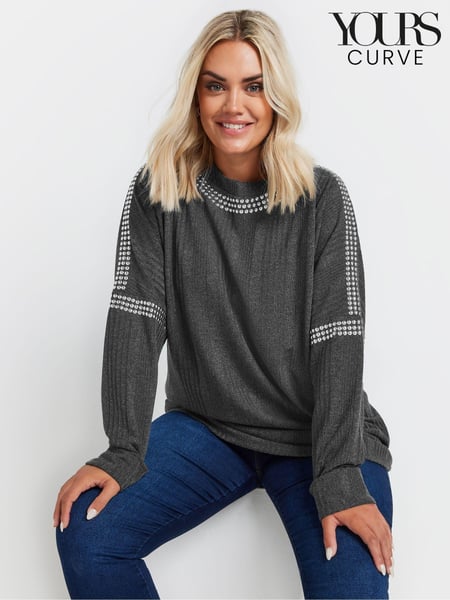 Yours Curve Grey Studded Neckline Embellished Jumper (AC4878) | € 53