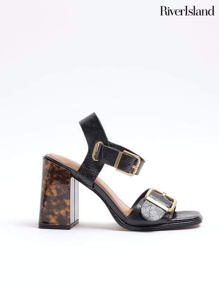 River Island Black Two Part Block Feature Heeled Sandals (AC5929) | € 18