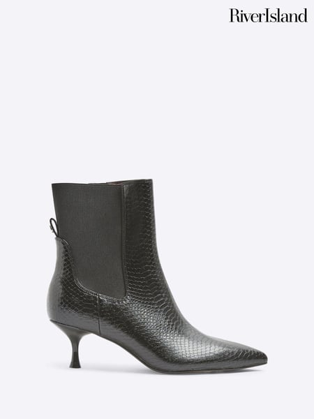 River Island Black Croc Effect Kitten Heel Ankle Boots (AC5973) | € 48