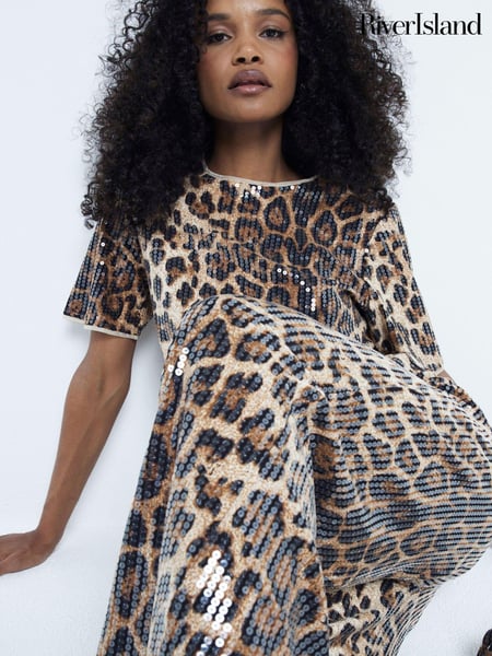 River Island Brown Leopard Print Sequin Trousers (AC6328) | € 29