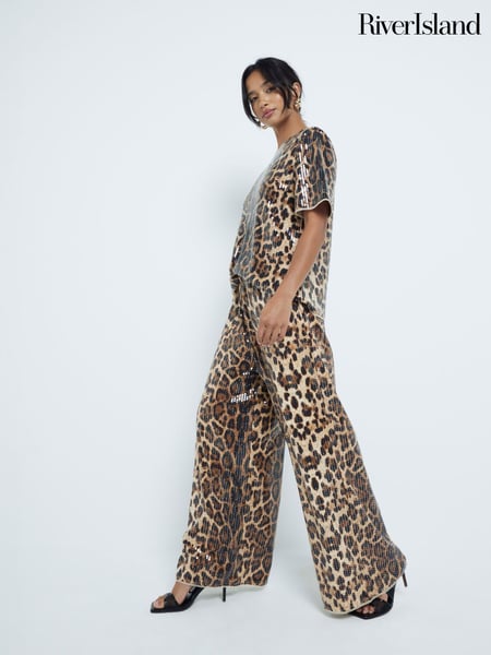 River Island Brown Petite Leopard Print Sequin Trousers (AC6389) | € 70