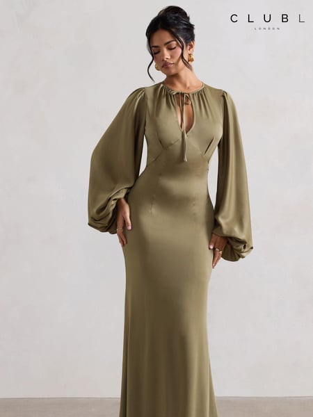 Club L London Green Wild Rose Satin Puff-Sleeve Cut-Out Maxi Dress (AC7748) | € 66
